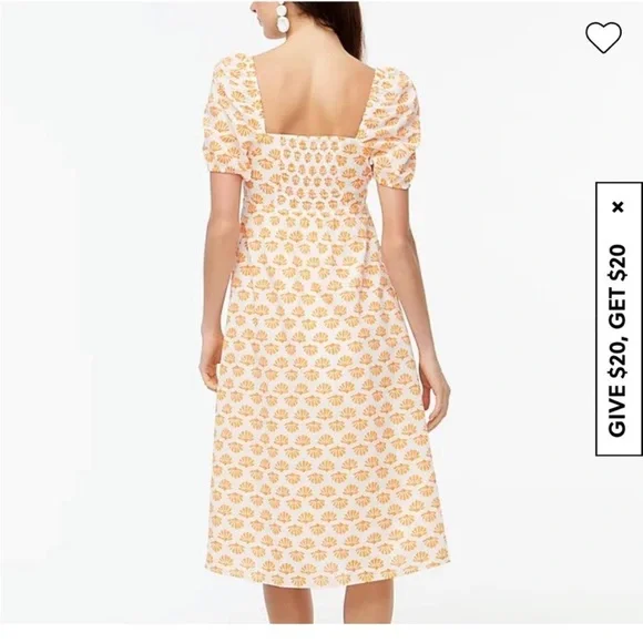 JCrew Orange White Flower Midi Ruffle Puff Sleeve Dress - Picture 3 of 9